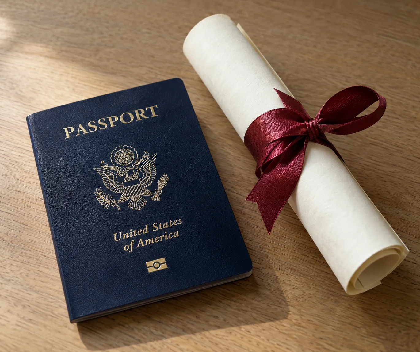Passport and rolled up diploma, side by side
