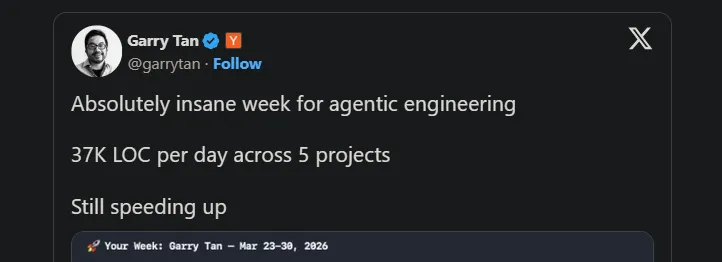 Garry Tan screenshot about shipping 37k lines of code