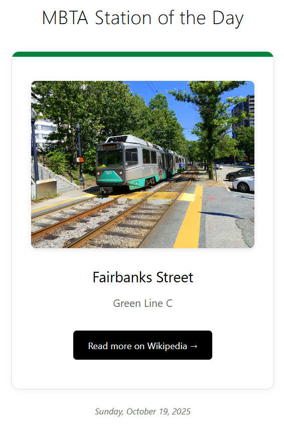Screenshot of the MBTA Station of the Day card showing Fairbanks Street